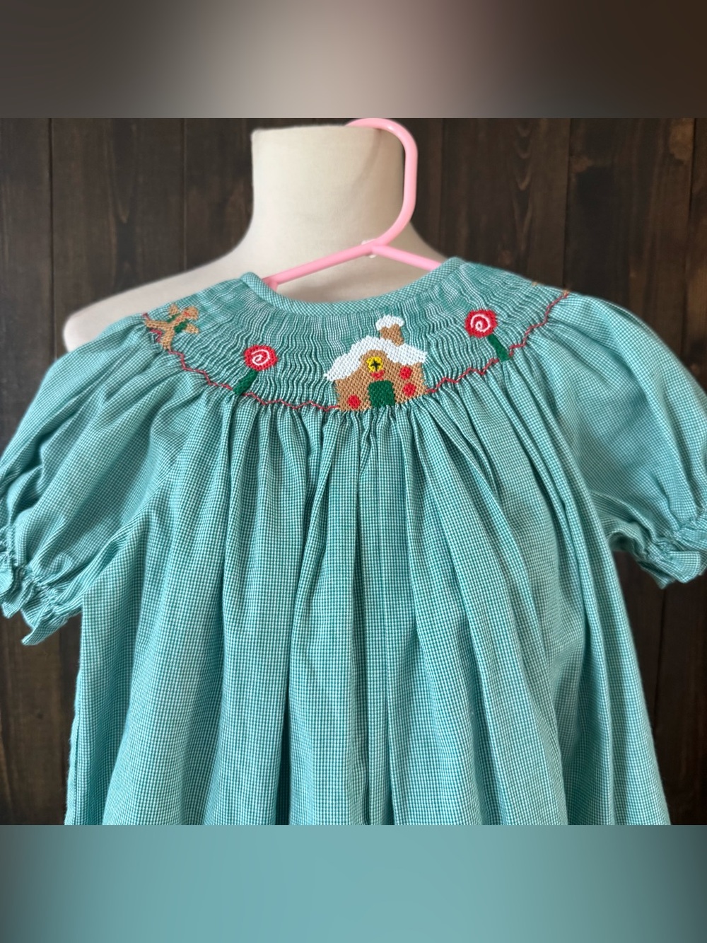 Girls Vive La Fete Christmas Holiday Gingerbread Smocked Dress Green Gingham 4T